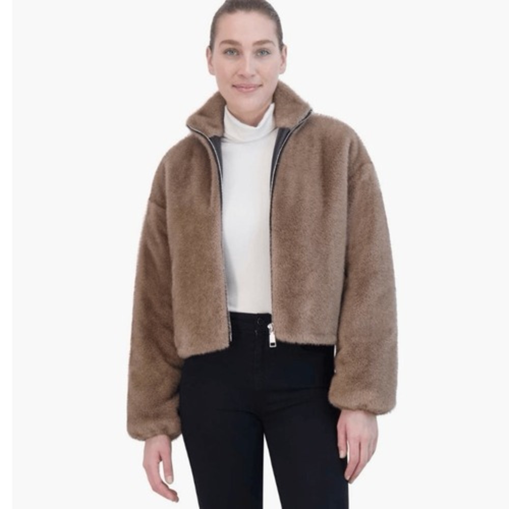 Rebecca Minkoff Faux Fur Crop Jacket, Taupe/Tan Medium, NWT